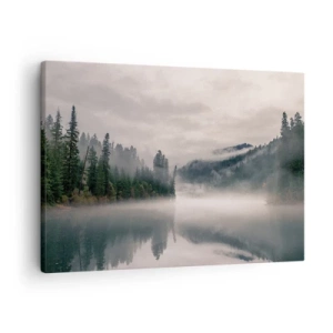 Obraz na plátně - Mlžný les se odráží v klidném jezeře - 70x50cm - V zamyšlení, v mlze - Moderní nástěnná dekorace do obývacího pokoje a ložnice ARTTOR