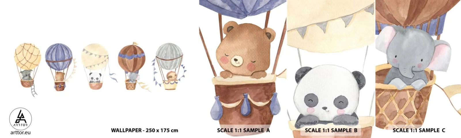Fototapeta Vzorek Standard Eco - Přátelé na cestách - Balónky, Zvířata, Dětské - 100x30 cm