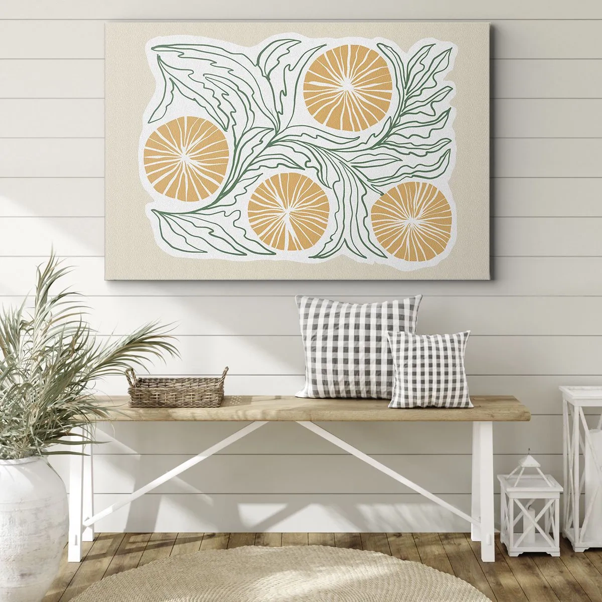 Obraz na plátně - Minimalistický oranžový motiv se zelenými listy - 70x50cm - Etnický s abstraktním nádechem - Moderní nástěnná dekorace do obývacího pokoje a ložnice ARTTOR