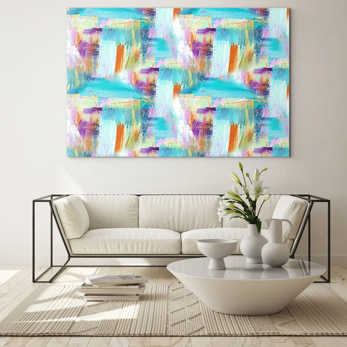 Obraz na skle - Barevná abstrakce s tahy štětcem v pastelových a zářivých barvách. - 70x50cm - Pohodové střídavé cákance - Moderní nástěnná dekorace do obývacího pokoje a ložnice ARTTOR