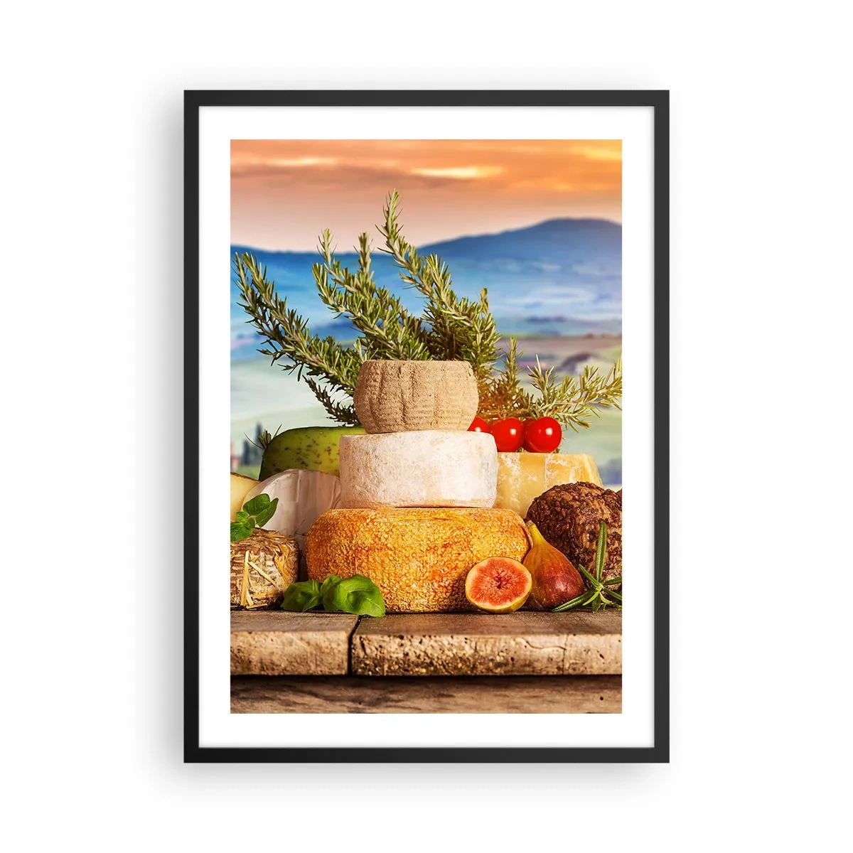 Plakát v černém rámu - Rustikální hromada sýrů na pozadí krajiny - 50x70cm - Italská radost ze života - Moderní nástěnná dekorace do obývacího pokoje a ložnice ARTTOR