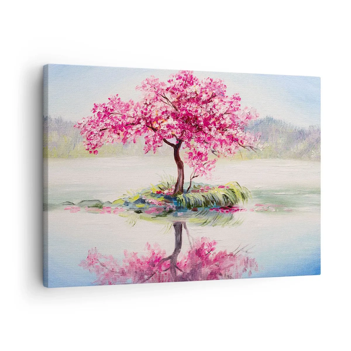 Obraz na plátně - Kvetoucí strom na klidné vodě - 70x50cm - Svátek jara - Moderní nástěnná dekorace do obývacího pokoje a ložnice ARTTOR