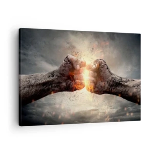 Obraz na plátně - Zaťaté pěsti v dynamické scéně s požárem - 70x50cm - Jdi do války - Moderní nástěnná dekorace do obývacího pokoje a ložnice ARTTOR