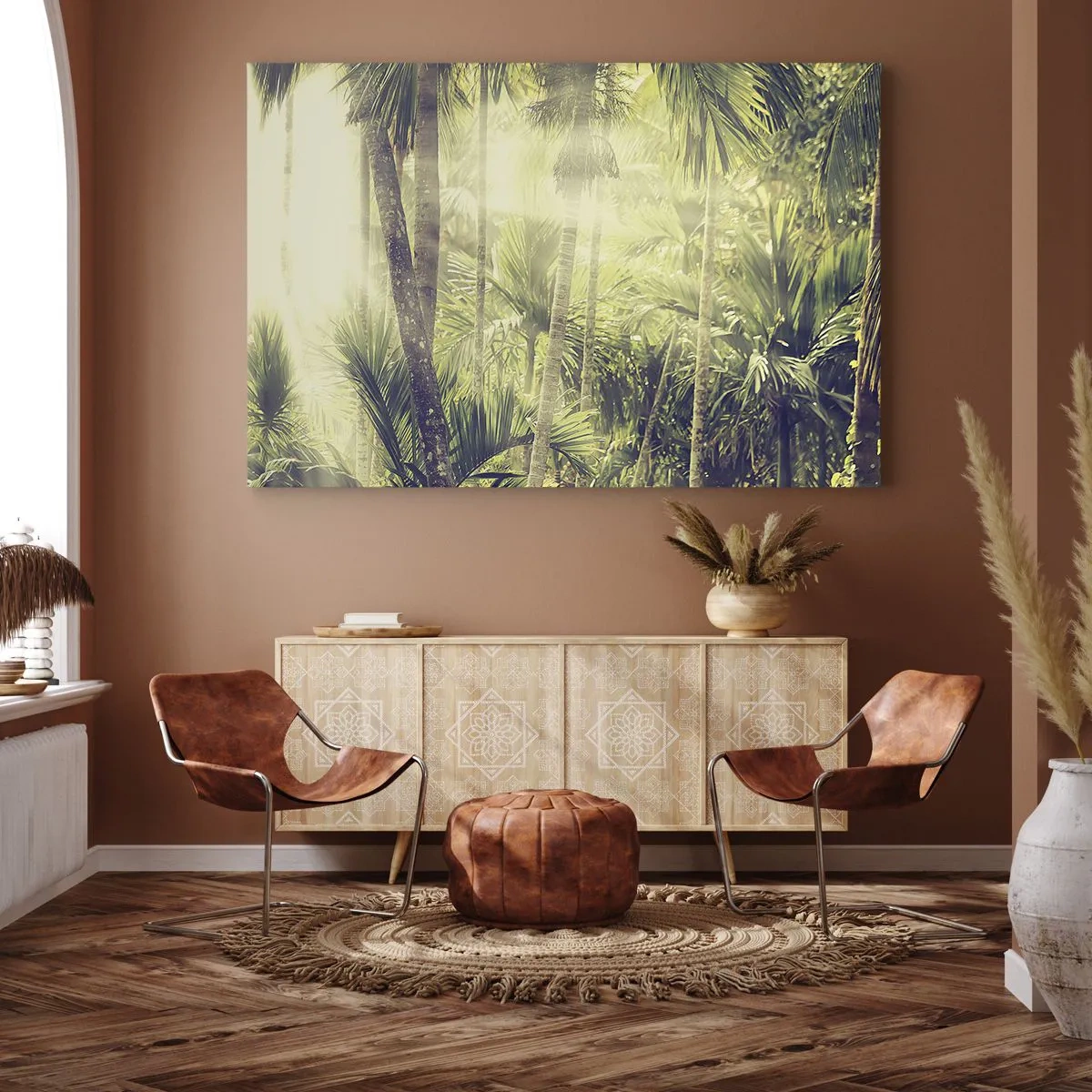Obraz na plátně - Sluneční paprsky v tropickém palmovém lese - 70x50cm - V zeleném žáru - Moderní nástěnná dekorace do obývacího pokoje a ložnice ARTTOR