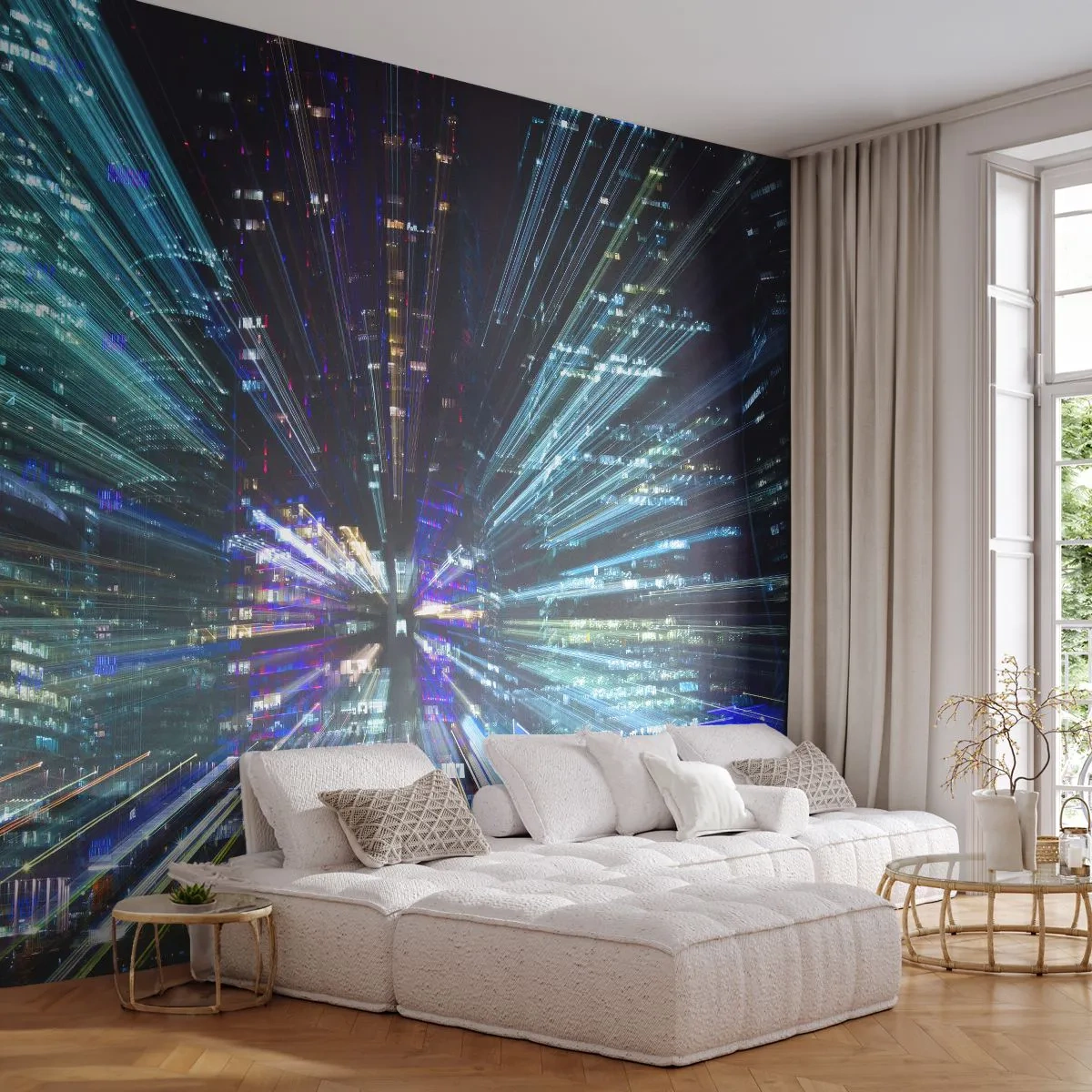 Fototapeta Samolepicí Deluxe Sticker - Přechod do hyperprostoru - Abstrakce, Město, Grafika - 250x175 cm
