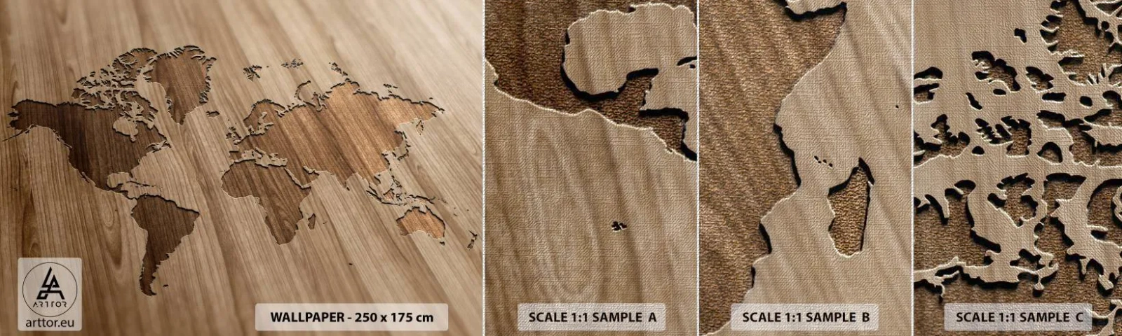 Vzor Fototapety Premium Canvas - Svět podaný na stole - Mapa světa, Dřevo, Kontinenty - 100x30 cm