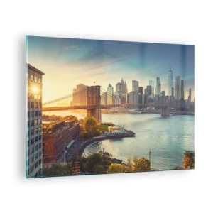 Obraz na skle - Panorama New Yorku s Brooklynským mostem - 70x50cm - Svítání velkoměsta - Moderní nástěnná dekorace do obývacího pokoje a ložnice ARTTOR