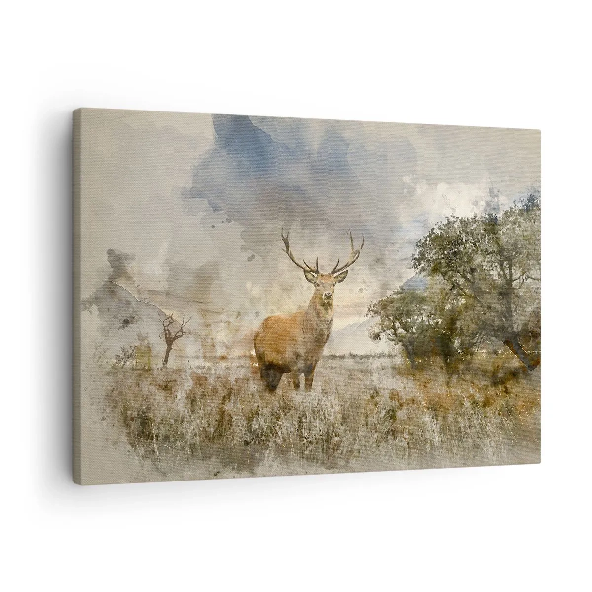 Obraz na plátně - Jelen v přírodním prostředí ve stylu akvarelu - 70x50cm - Důstojnost - síla - majestátnost - Moderní nástěnná dekorace do obývacího pokoje a ložnice ARTTOR