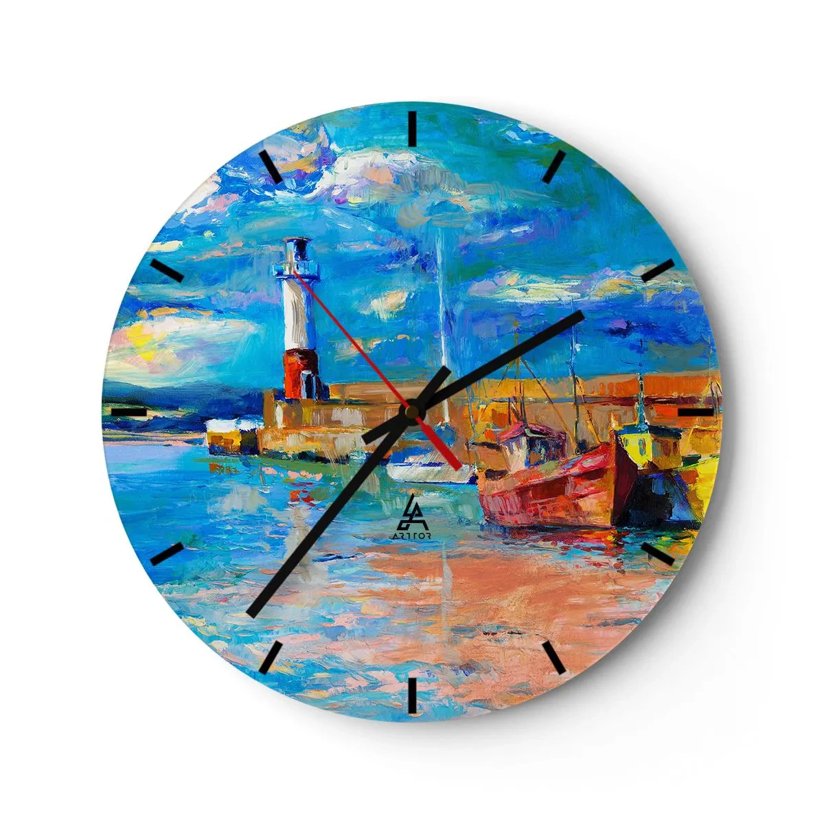 Nástěnné hodiny - Maják a lodě v barevném, malebném prostředí - 30x30cm - Odpoledne v duhové zátoce - Moderní nástěnná dekorace do obývacího pokoje, kuchyně a ložnice ARTTOR
