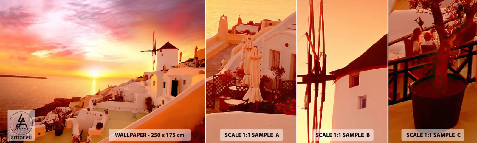 Fototapeta Vzorek Standard Eco - Rozplynout se v bílé a zlaté - Krajina, Santorini, Řecko - 100x30 cm