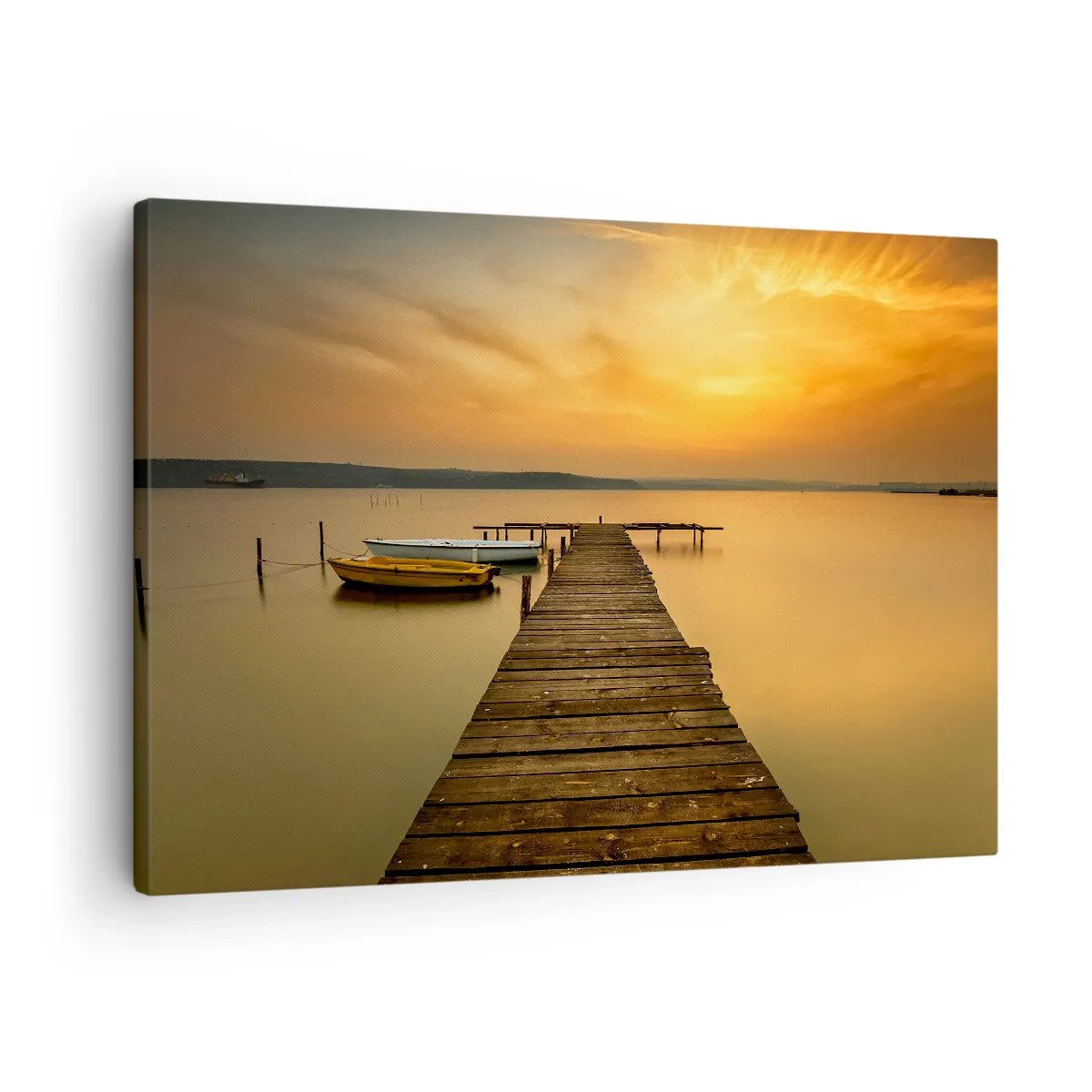 Obraz na plátně - Dřevěné molo a lodě na jezeře při západu slunce - 70x50cm - Otevřu ti zlaté nebe - Moderní nástěnná dekorace do obývacího pokoje a ložnice ARTTOR