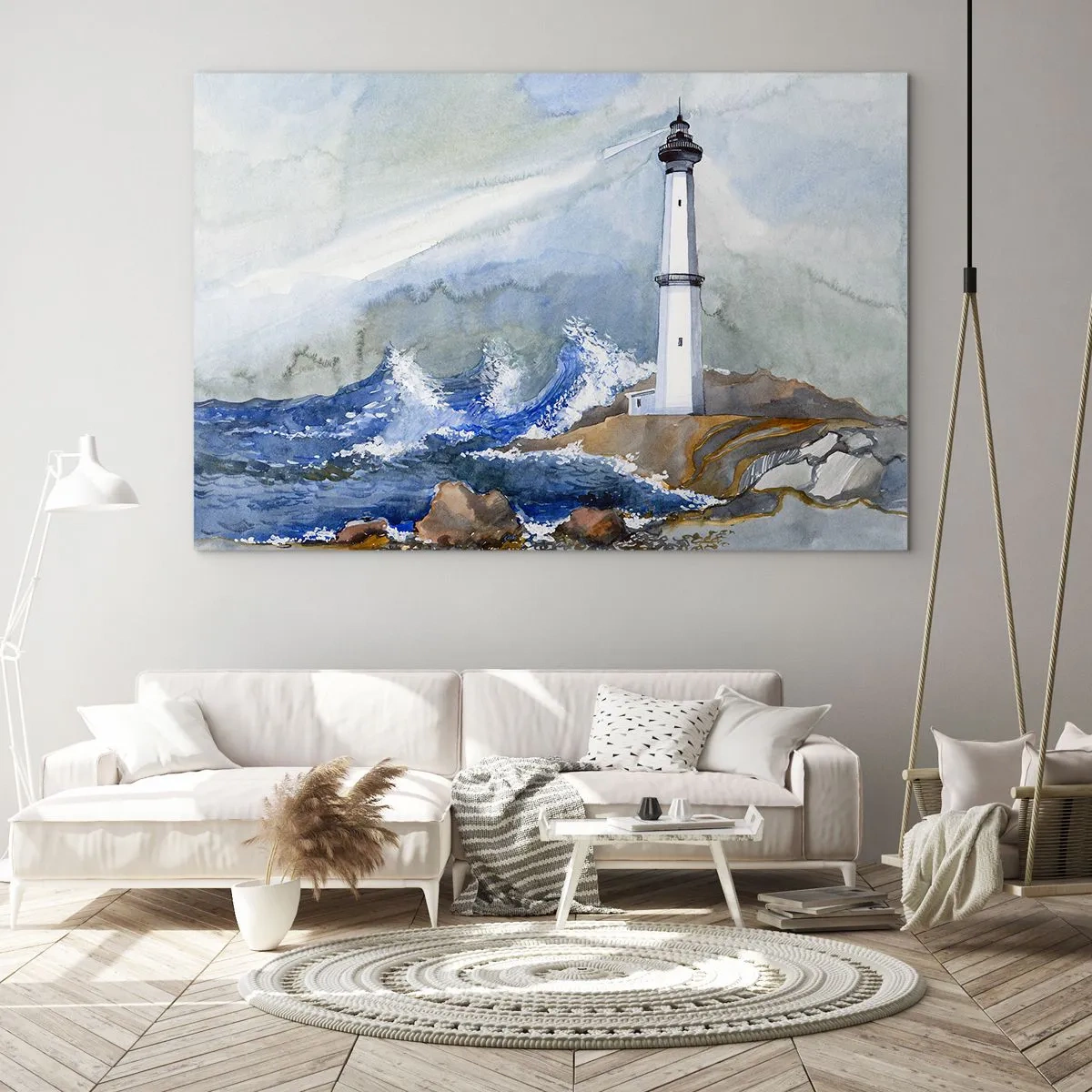Obraz na skle - Maják u rozbouřeného moře v akvarelovém stylu - 70x50cm - Proti tmě a hromobití - Moderní nástěnná dekorace do obývacího pokoje a ložnice ARTTOR