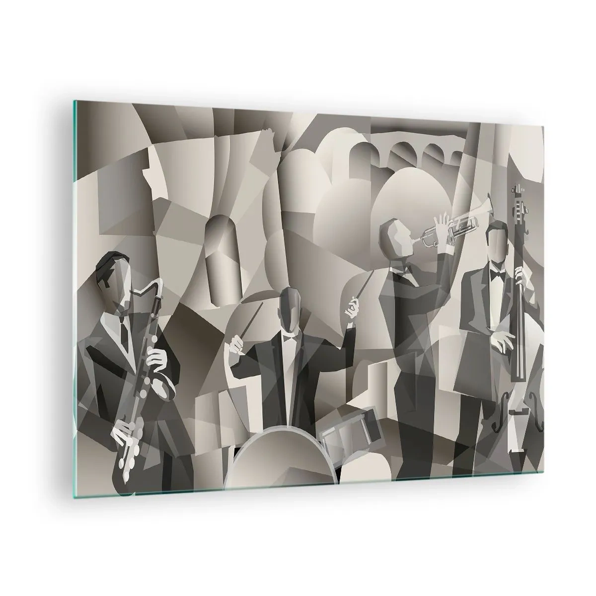 Obraz na skle - Stylizované pódium jazzové kapely v monochromatických tónech - 70x50cm - V prostoru zvuků - Moderní nástěnná dekorace do obývacího pokoje a ložnice ARTTOR