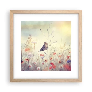 Plakát v rámu světlý dub - Portrét ptáka s loukou v pozadí - 30x30 cm