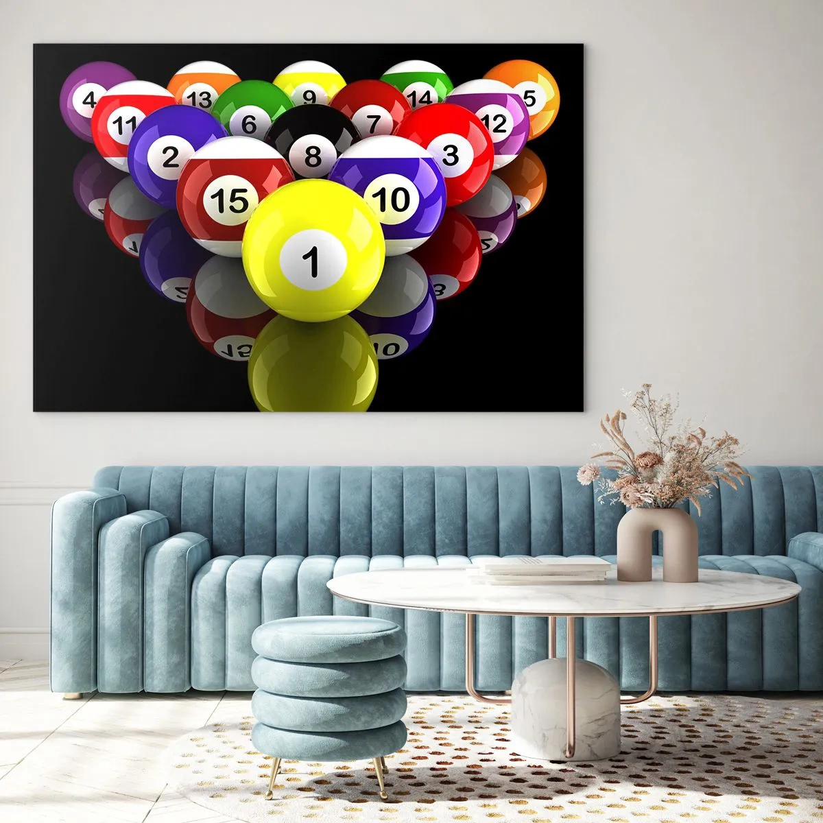 Obraz na skle - Barevné kulečníkové koule uspořádané na černém pozadí - 70x50cm - Různé barvy hry - Moderní nástěnná dekorace do obývacího pokoje a ložnice ARTTOR
