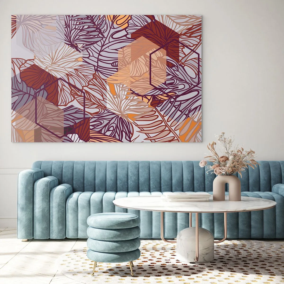 Obraz na skle - Grafické listy na pozadí geometrických tvarů - 70x50cm - Nemožný vztah mezi geometrií a přírodou - Moderní nástěnná dekorace do obývacího pokoje a ložnice ARTTOR