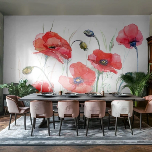 Fototapeta Standard Eco - Akvarel mák na bílém pozadí - 100x70cm - Polské květiny - Moderní nástěnná dekorace do obývacího pokoje a ložnice ARTTOR