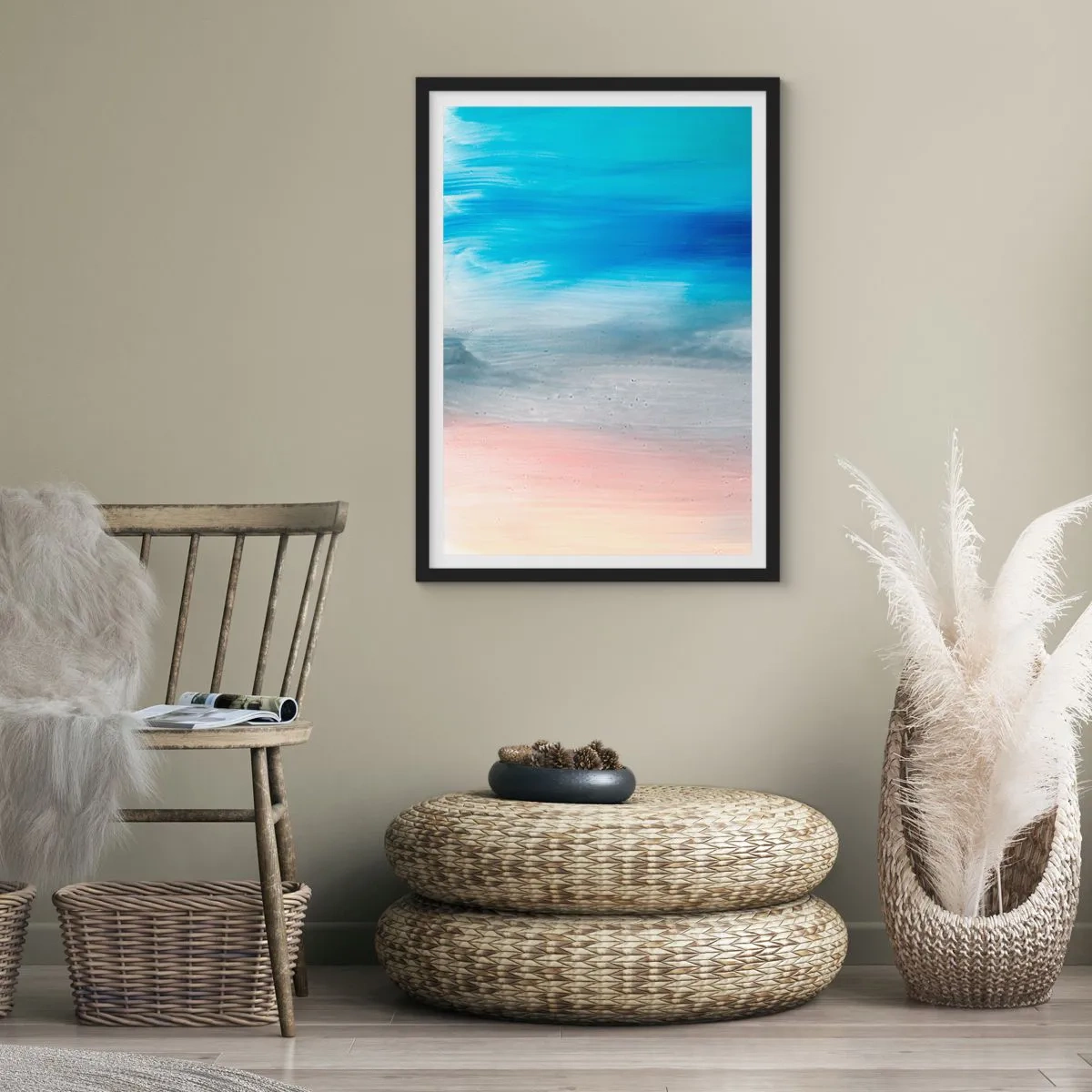 Plakát v černém rámu - Abstraktní kompozice v odstínech modré, šedé a béžové. - 50x70cm - Živly: vzduch - Moderní nástěnná dekorace do obývacího pokoje a ložnice ARTTOR