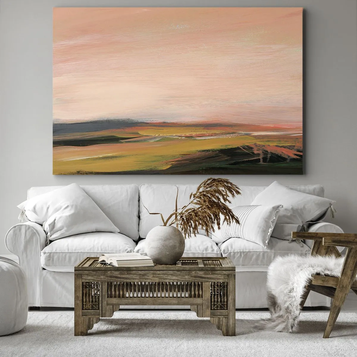 Obraz na plátně - Krajina v odstínech růžové a zlaté - 70x50cm - V růžových tónech - Moderní nástěnná dekorace do obývacího pokoje a ložnice ARTTOR