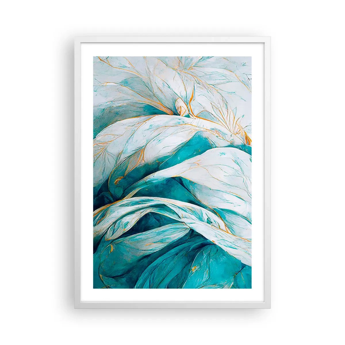 Plakát v bílém rámu - Modrá abstrakce se zlatým motivem - 50x70 cm