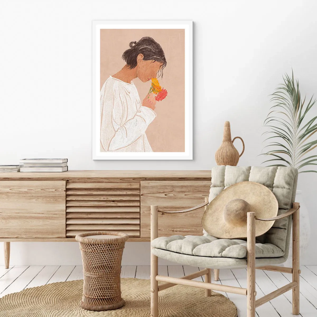 Plakát v bílém rámu - Dívka a květiny - 70x100 cm
