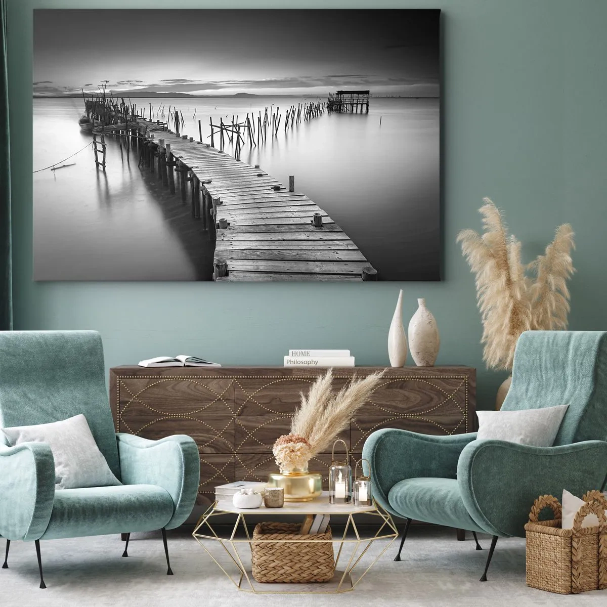 Obraz na plátně - Dřevěné molo na klidném jezeře v odstínech šedé - 70x50cm - Klid zapomenutého břehu - Moderní nástěnná dekorace do obývacího pokoje a ložnice ARTTOR