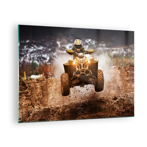 Obraz na skle - Čtyřkolka v akci na bahnitém terénu v dynamickém prostředí - 70x50cm - No risk no fun - Moderní nástěnná dekorace do obývacího pokoje a ložnice ARTTOR