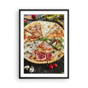 Plakát v černém rámu - Barevná pizza rozdělená na různé kousky - 50x70cm - Vějíř chutí - Moderní nástěnná dekorace do obývacího pokoje a ložnice ARTTOR