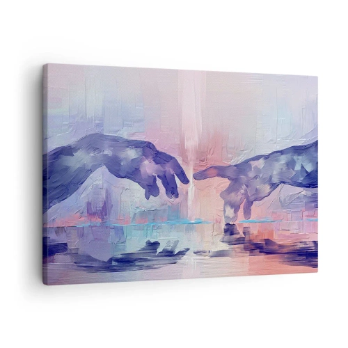 Obraz na plátně - Symbolické ruce v abstraktních barvách, odkazující na téma stvoření - 70x50cm - Božská jiskra života - Moderní nástěnná dekorace do obývacího pokoje a ložnice ARTTOR