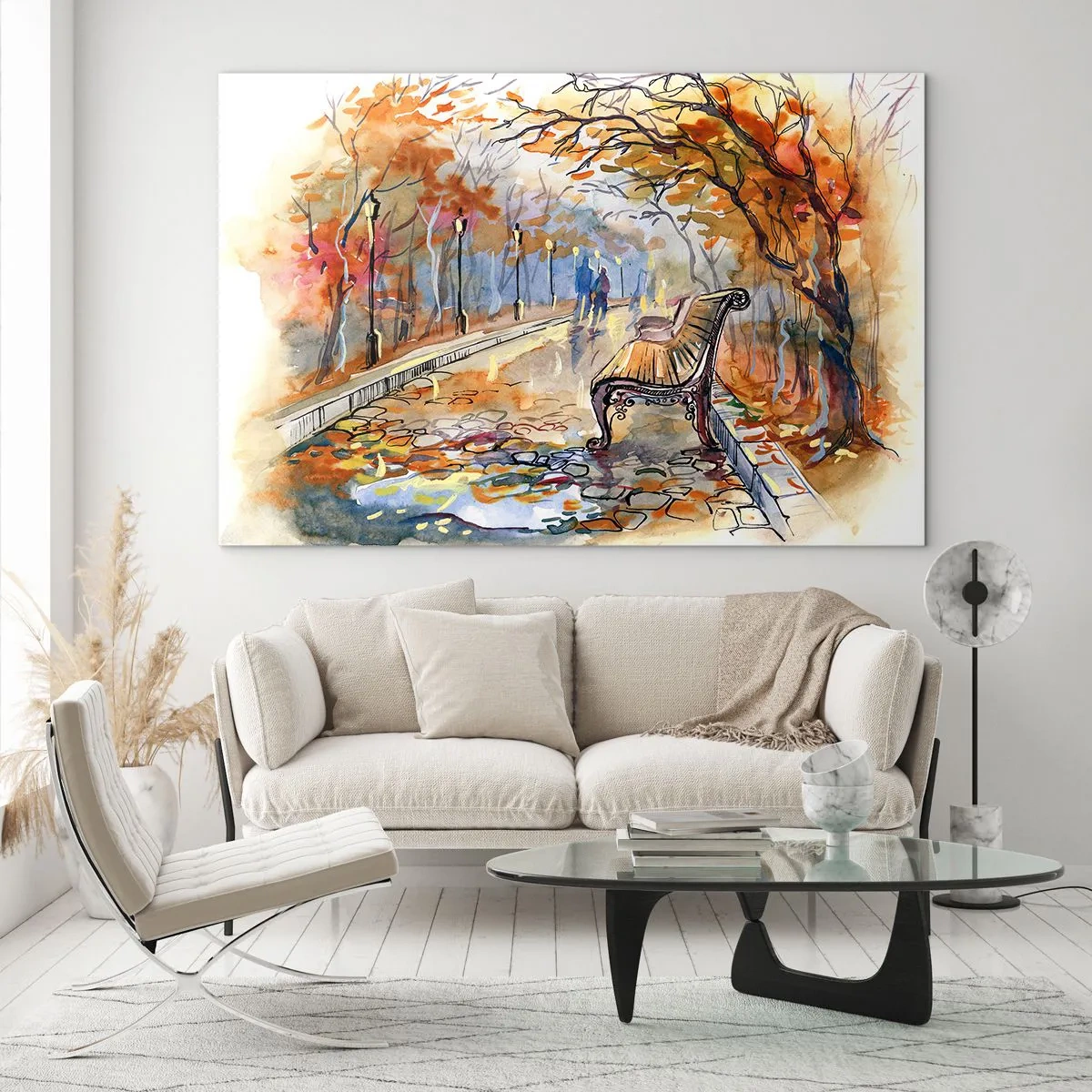Obraz na skle - Podzimní alej s lavičkou v uměleckém stylu akvarelu - 70x50cm - Společně putovat podzimem - Moderní nástěnná dekorace do obývacího pokoje a ložnice ARTTOR