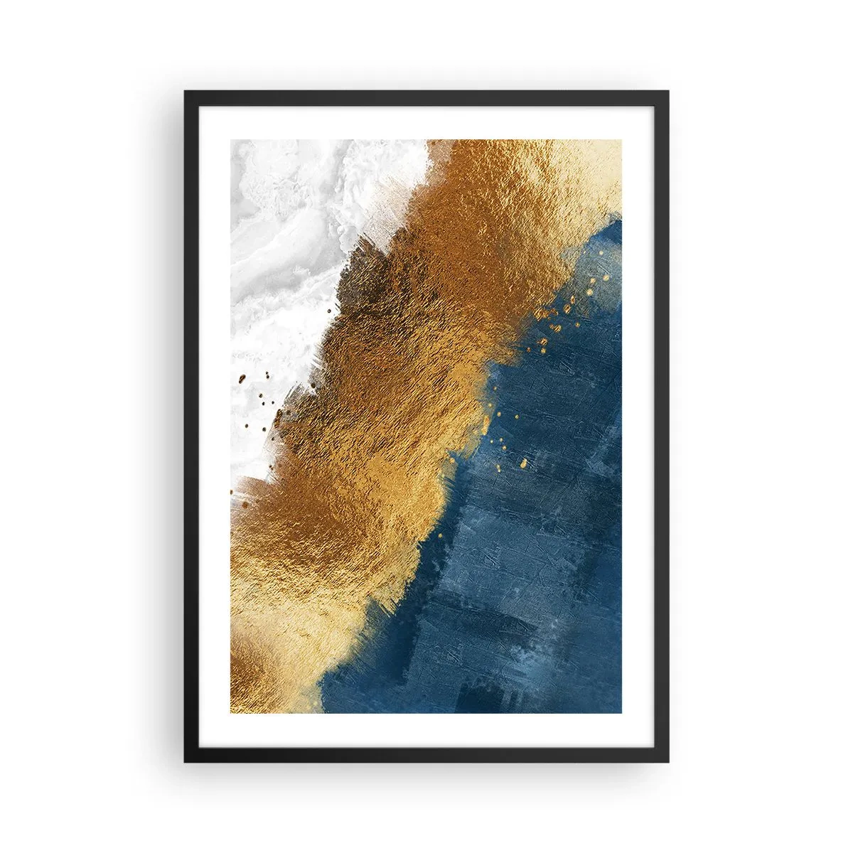 Plakát v černém rámu - Abstraktní kompozice ze zlaté, tmavě modré a bílé - 50x70cm - Barvy léta - Moderní nástěnná dekorace do obývacího pokoje a ložnice ARTTOR