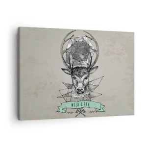 Obraz na plátně - Geometrie jelenů ve vintage stylu s nápisem Wild Life - 70x50cm - Vidění sv. Huberta - Moderní nástěnná dekorace do obývacího pokoje a ložnice ARTTOR