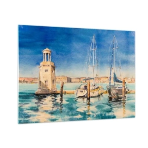 Obraz na skle - Akvarelová marina s majákem a kotvícími jachtami - 70x50cm - Slunečná laguna - Moderní nástěnná dekorace do obývacího pokoje a ložnice ARTTOR