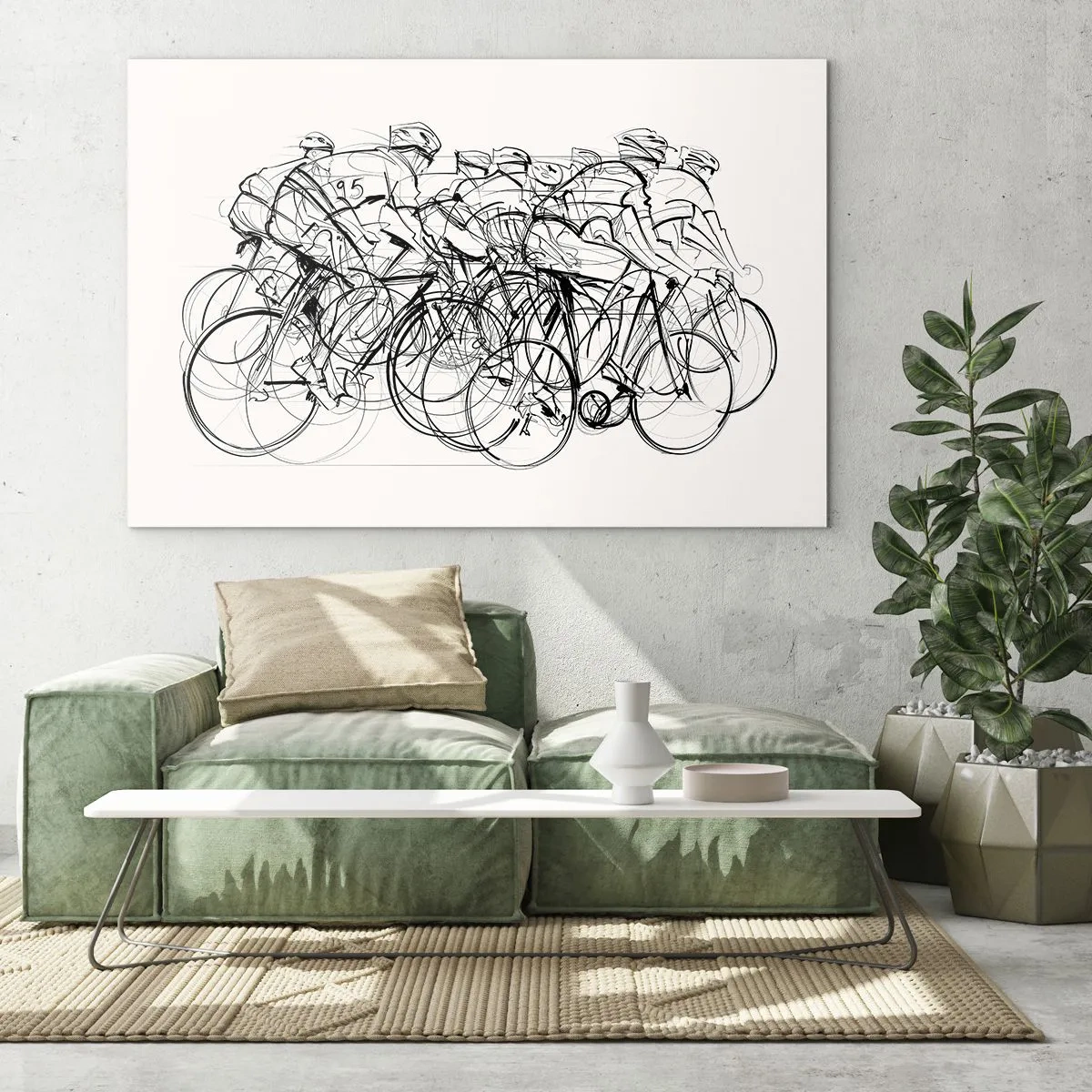 Obraz na skle - Náčrt skupiny cyklistů během závodu na bílém pozadí - 70x50cm - Společně v týmu - Moderní nástěnná dekorace do obývacího pokoje a ložnice ARTTOR