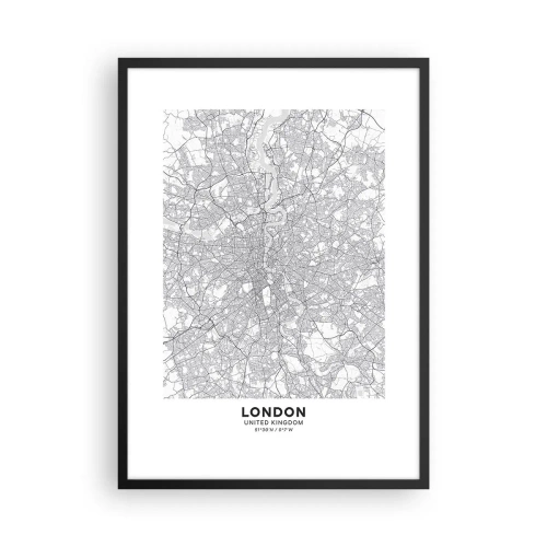Plakát v černém rámu - Černobílá mapa Londýna s přesnými detaily ulic - 50x70cm - Mapa londýnského labyrintu - Moderní nástěnná dekorace do obývacího pokoje a ložnice ARTTOR