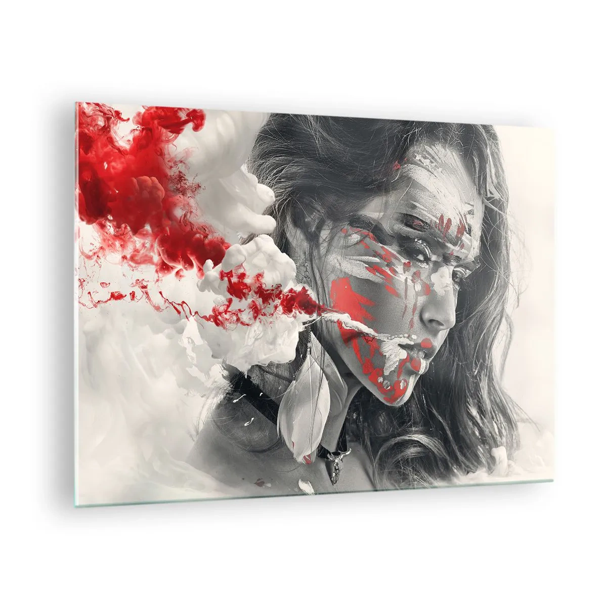 Obraz na skle - Portrét ženy s abstraktními červenými a bílými vzory - 70x50cm - Ve spárech absurdity - Moderní nástěnná dekorace do obývacího pokoje a ložnice ARTTOR