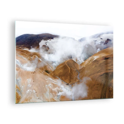 Obraz na skle - Letecký pohled na horké islandské kopce a údolí - 70x50cm - Drsná krása Islandu - Moderní nástěnná dekorace do obývacího pokoje a ložnice ARTTOR