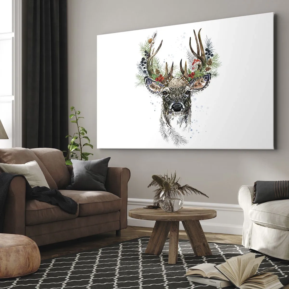 Obraz na plátně - Stylizovaný jelen s ozdobnými parohy na bílém pozadí - 70x50cm - Ve slavnostním rouchu - Moderní nástěnná dekorace do obývacího pokoje a ložnice ARTTOR