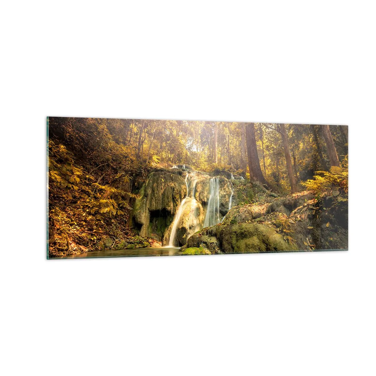 Obraz na skle - Lesní vodopád v zelené - 100x40 cm