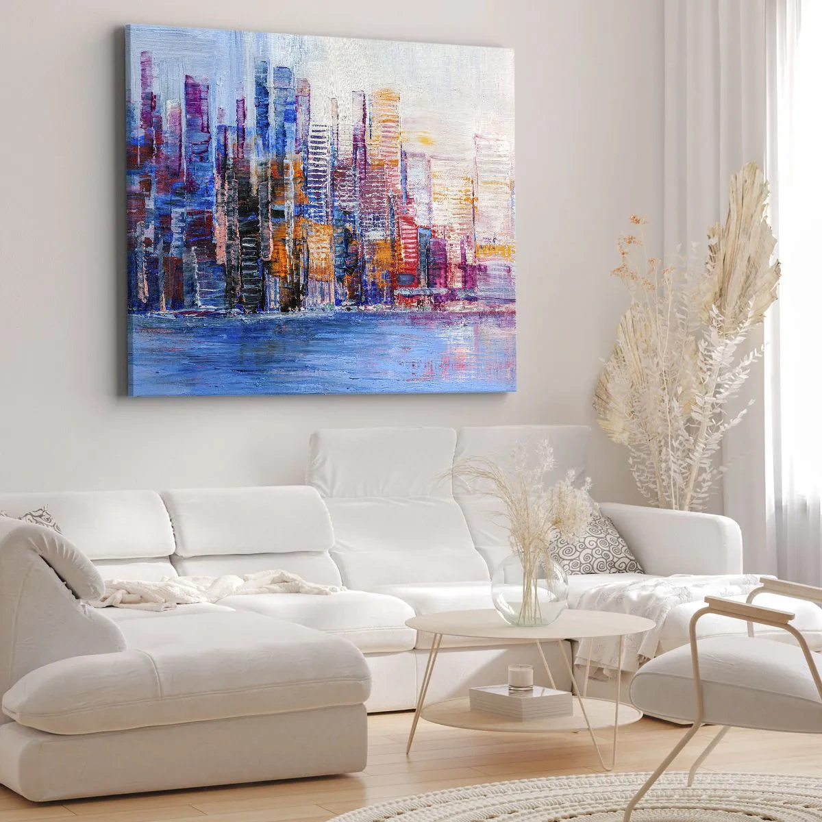Obraz na plátně - Barevné panorama města s odrazy na vodě - 70x50cm - Radostná metropole - Moderní nástěnná dekorace do obývacího pokoje a ložnice ARTTOR