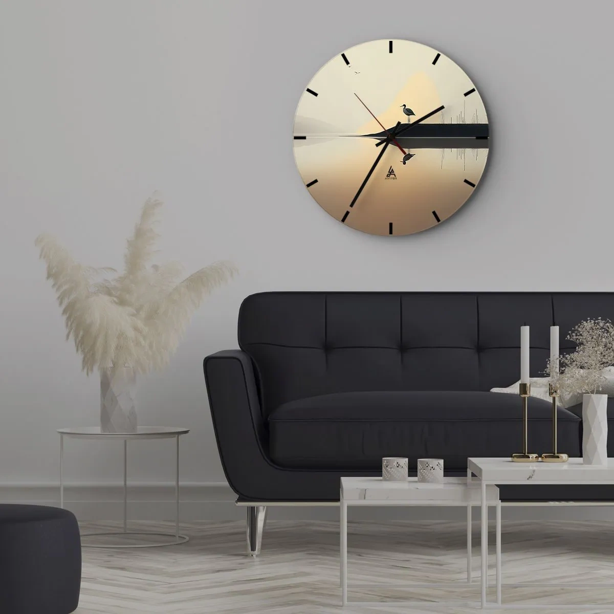 Nástěnné hodiny - Silueta ptáka na skále nad klidným jezerem za úsvitu - 30x30cm - Pán na jezeře - Moderní nástěnná dekorace do obývacího pokoje, kuchyně a ložnice ARTTOR