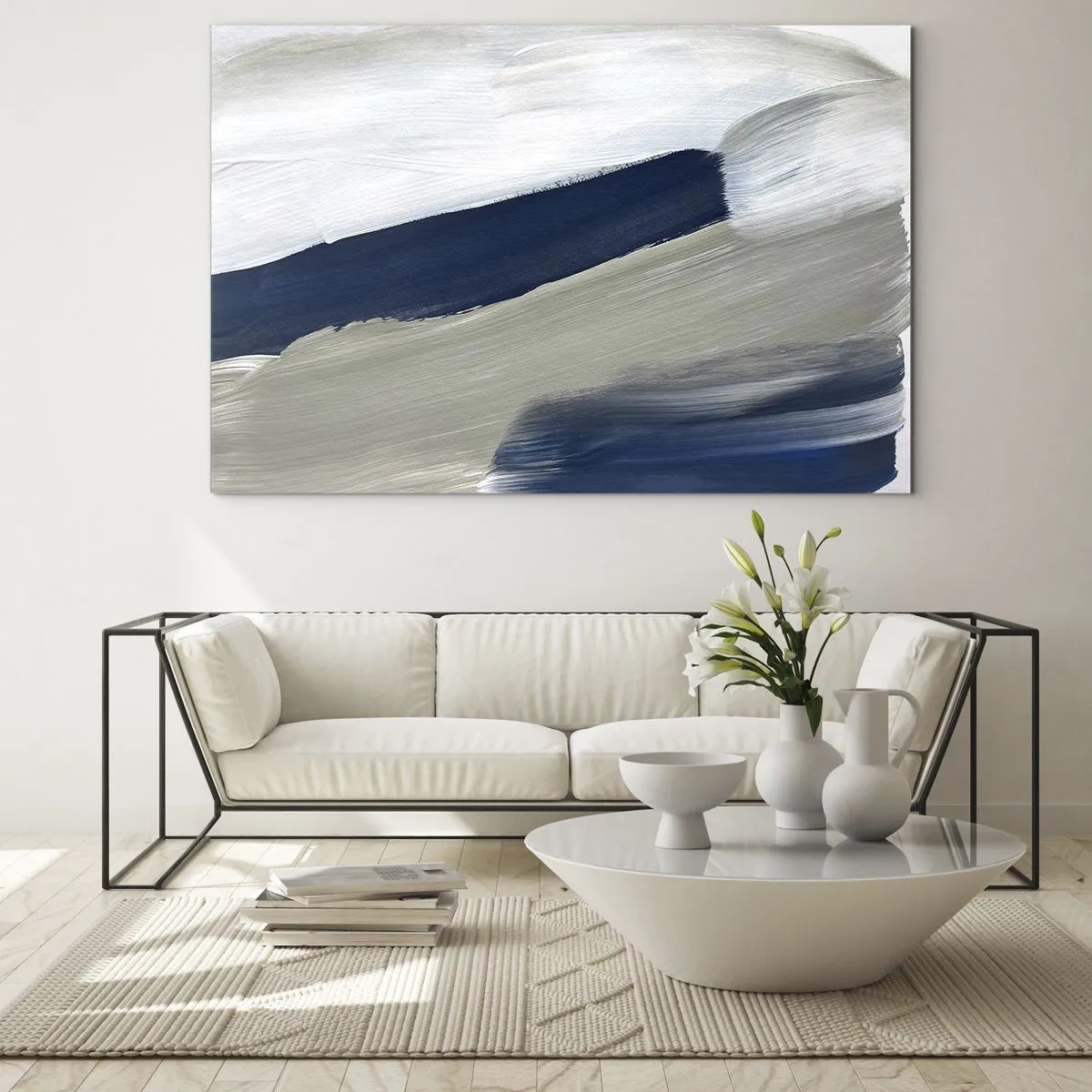 Obraz na skle - Minimalistická abstrakce s dynamickými tahy bílé, tmavě modré a šedé. - 70x50cm - Setkání s bílou - Moderní nástěnná dekorace do obývacího pokoje a ložnice ARTTOR