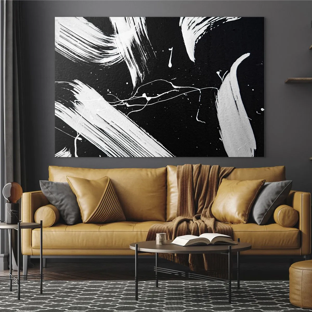 Obraz na skle - Bílé tahy štětcem na černém pozadí - 70x50cm - Prolomit temnotu - Moderní nástěnná dekorace do obývacího pokoje a ložnice ARTTOR