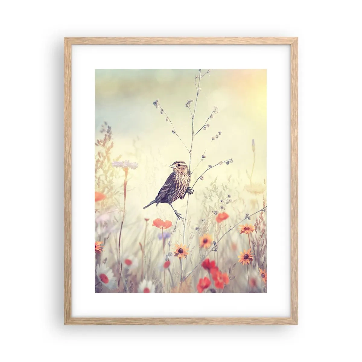 Plakát v rámu světlý dub - Portrét ptáka s loukou v pozadí - 40x50 cm