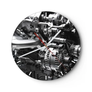Nástěnné hodiny - Detail detailů motoru auta, kovový lesk - 30x30cm - Kovový, krásný, silný - Moderní nástěnná dekorace do obývacího pokoje, kuchyně a ložnice ARTTOR