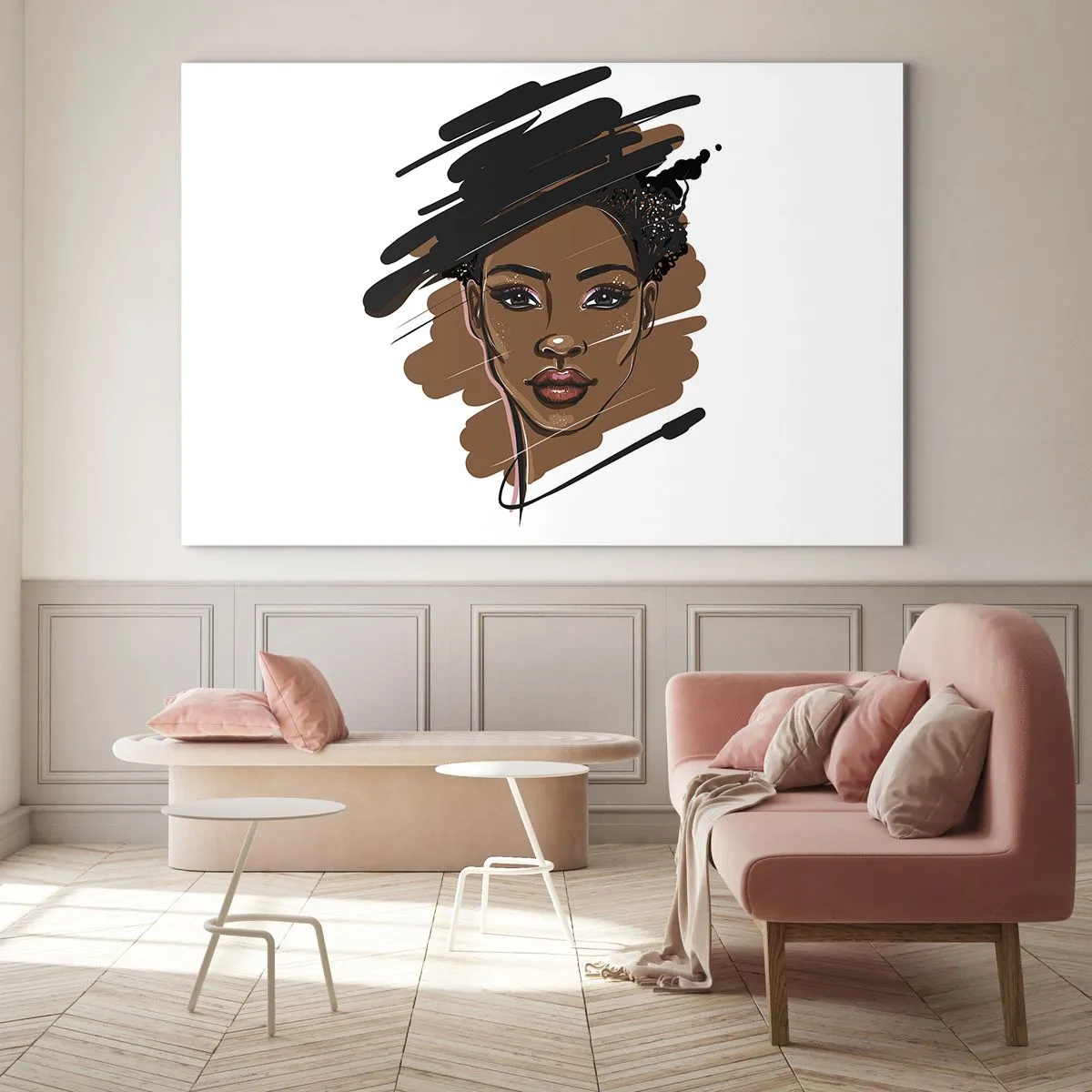 Obraz na skle - Portrét černošky ve stylu módní skici - 70x50cm - Sladká jako čokoláda - Moderní nástěnná dekorace do obývacího pokoje a ložnice ARTTOR