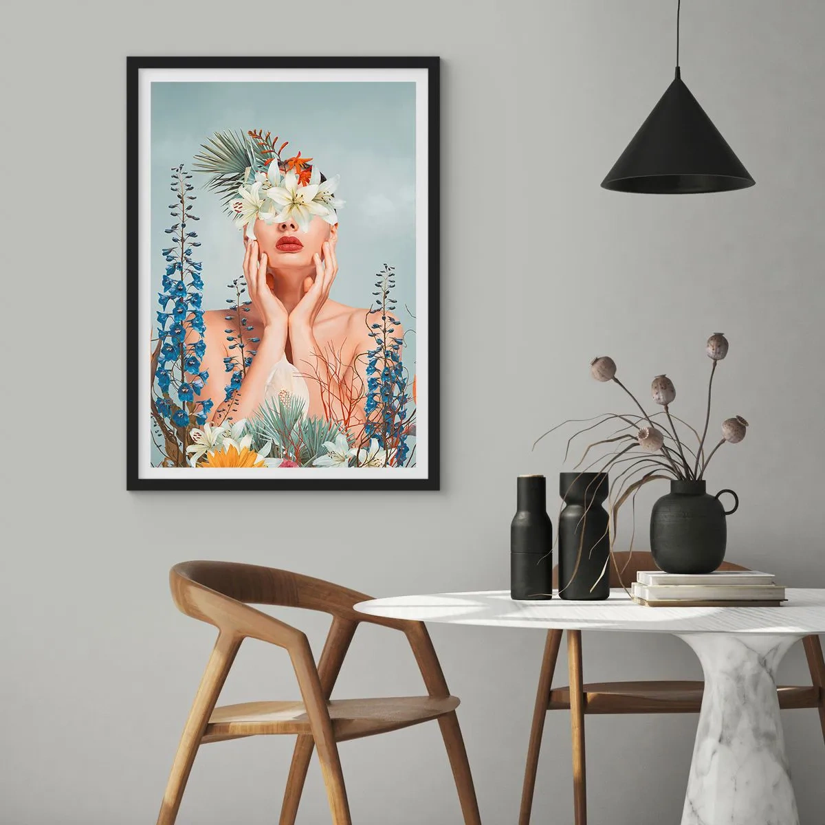 Plakát v černém rámu - Žena obklopená květinami v surrealistické kompozici - 50x70cm - Žena – květina - Moderní nástěnná dekorace do obývacího pokoje a ložnice ARTTOR
