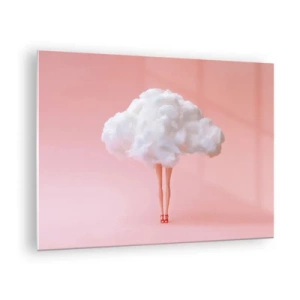 Obraz na skle - Ženská postava s mrakem místo šatů na pastelově růžovém pozadí. - 70x50cm - Sladký slib - Moderní nástěnná dekorace do obývacího pokoje a ložnice ARTTOR