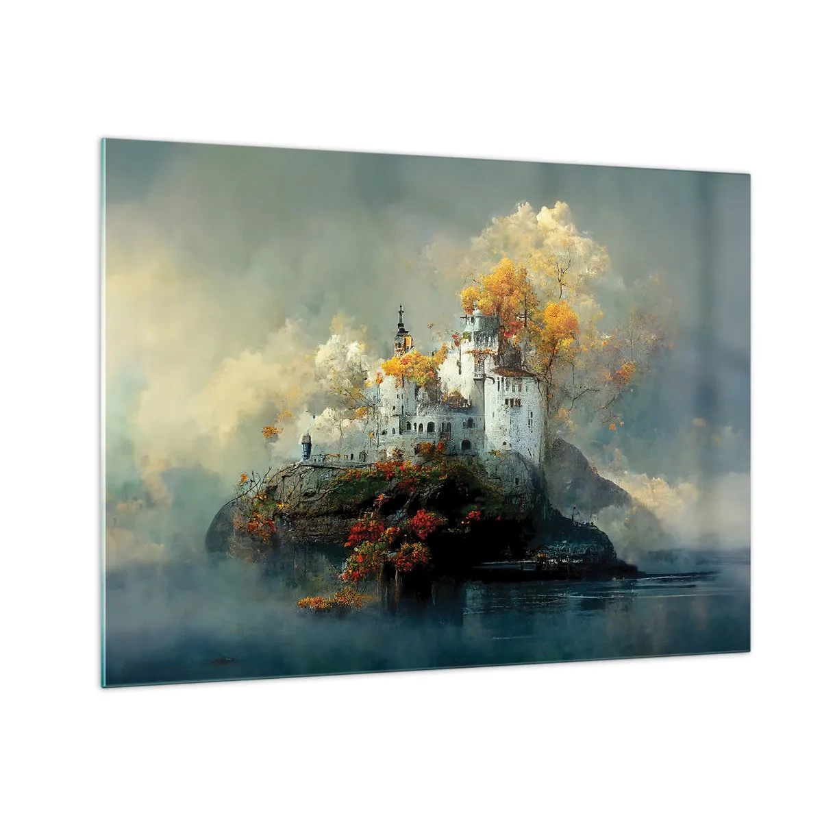 Obraz na skle - Hrad na skále obklopený mlhou a podzimními stromy - 70x50cm - Začátek romantického příběhu - Moderní nástěnná dekorace do obývacího pokoje a ložnice ARTTOR