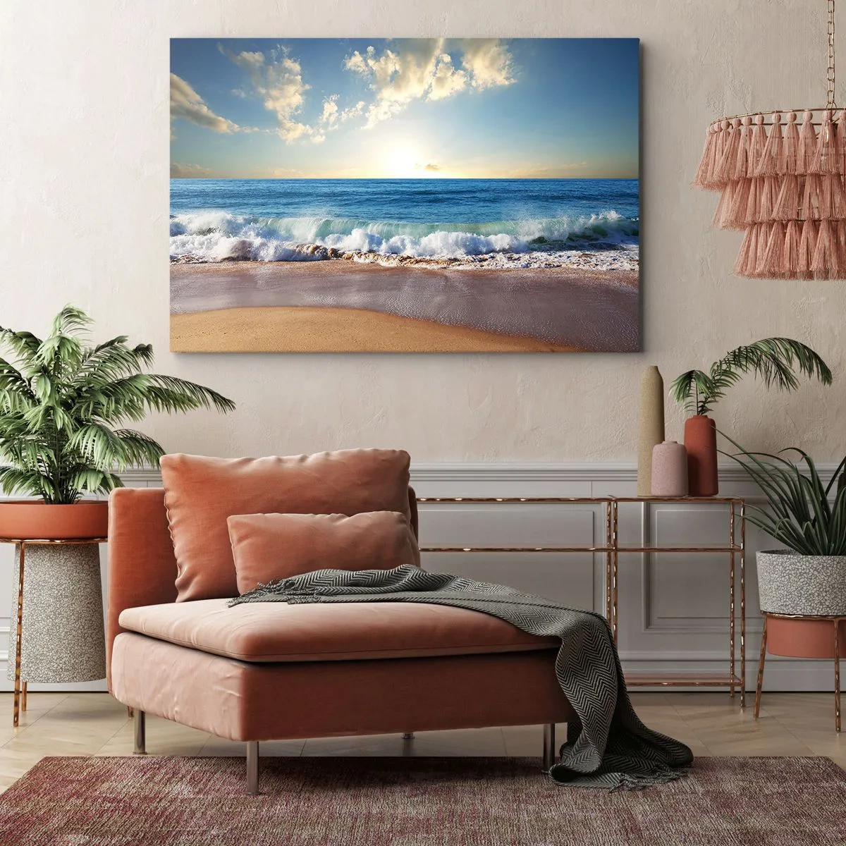 Obraz na plátně - Slunečná pláž s vlnami tříštícími se o břeh - 70x50cm - Pohyb a nehybnost zároveň - Moderní nástěnná dekorace do obývacího pokoje a ložnice ARTTOR